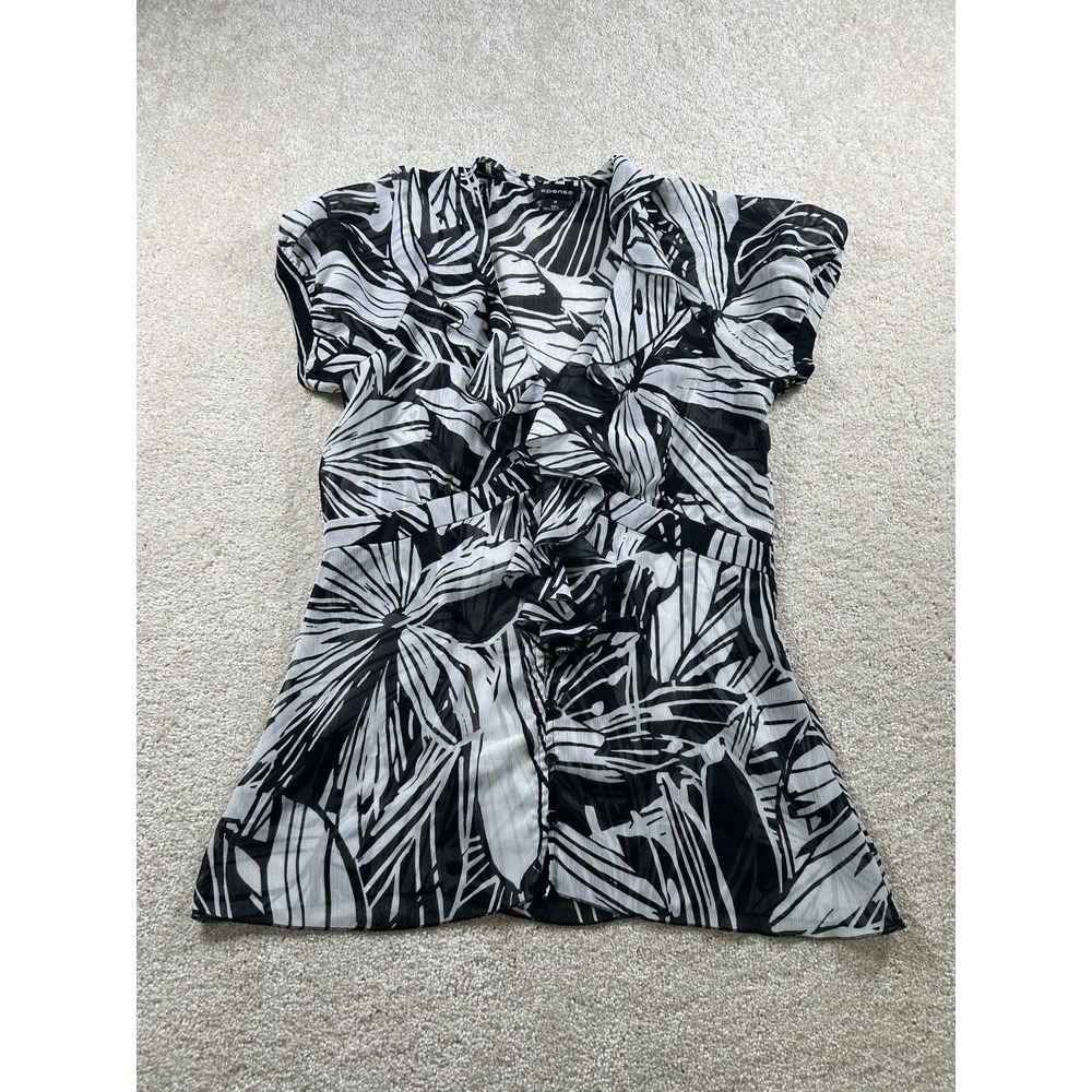 Spense M Sheer Black & White Floral Ruffle Babydoll Blouse Whimsygoth Dark Fairy